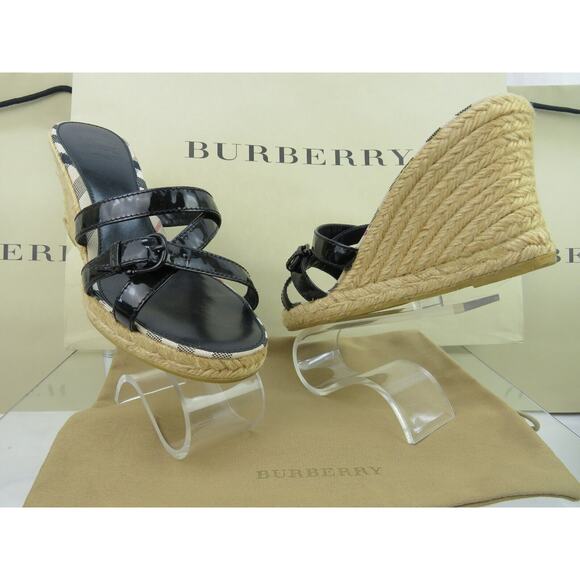 BURBERRY BLACK PATENT LEATHER CHECK LOGO SLIDE JUTE ESPADRILLE SANDALS 40 10 - Picture 3 of 14